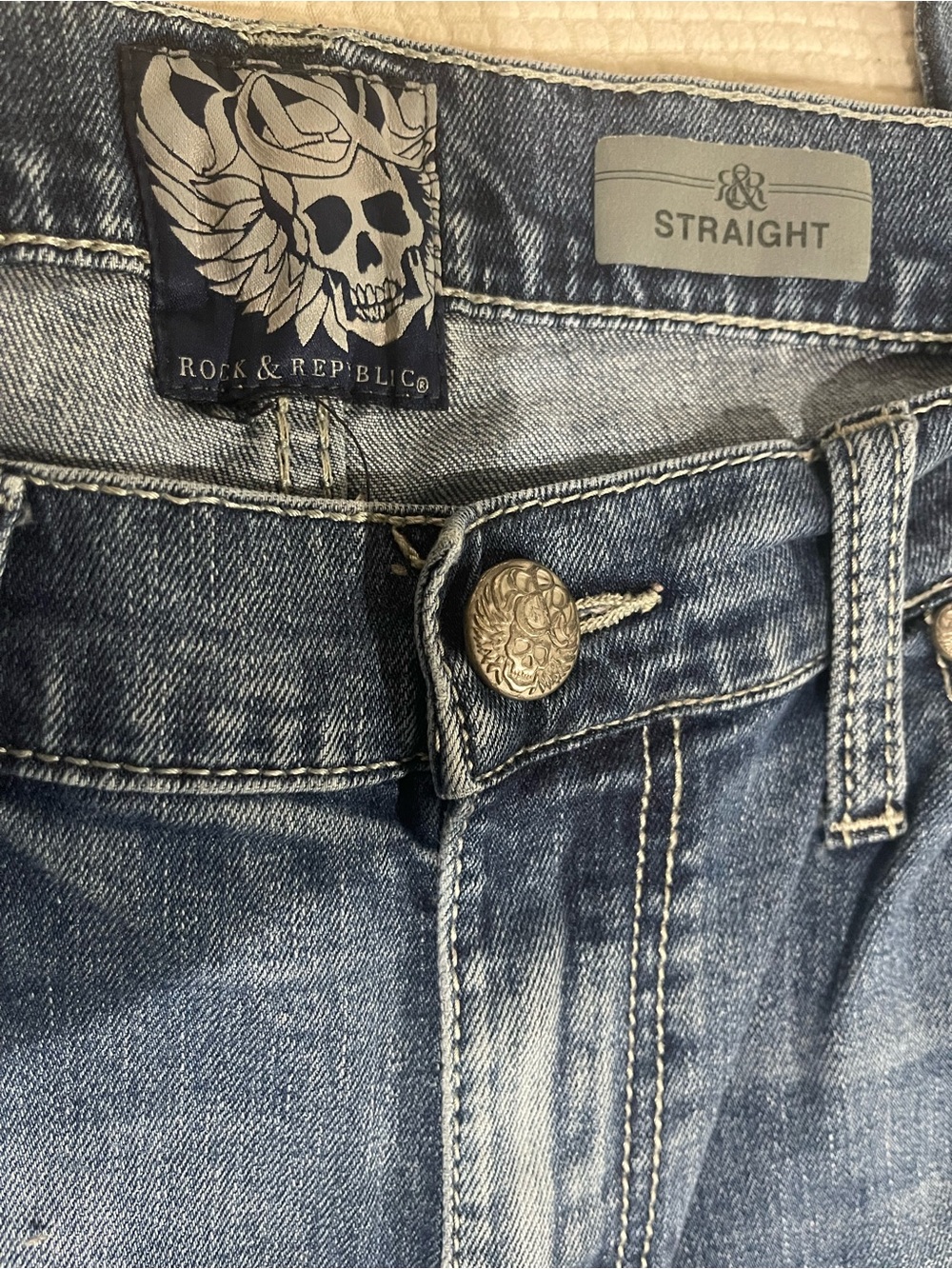 Rock & Republic Faded Blue Straight Jeans with Branded Button